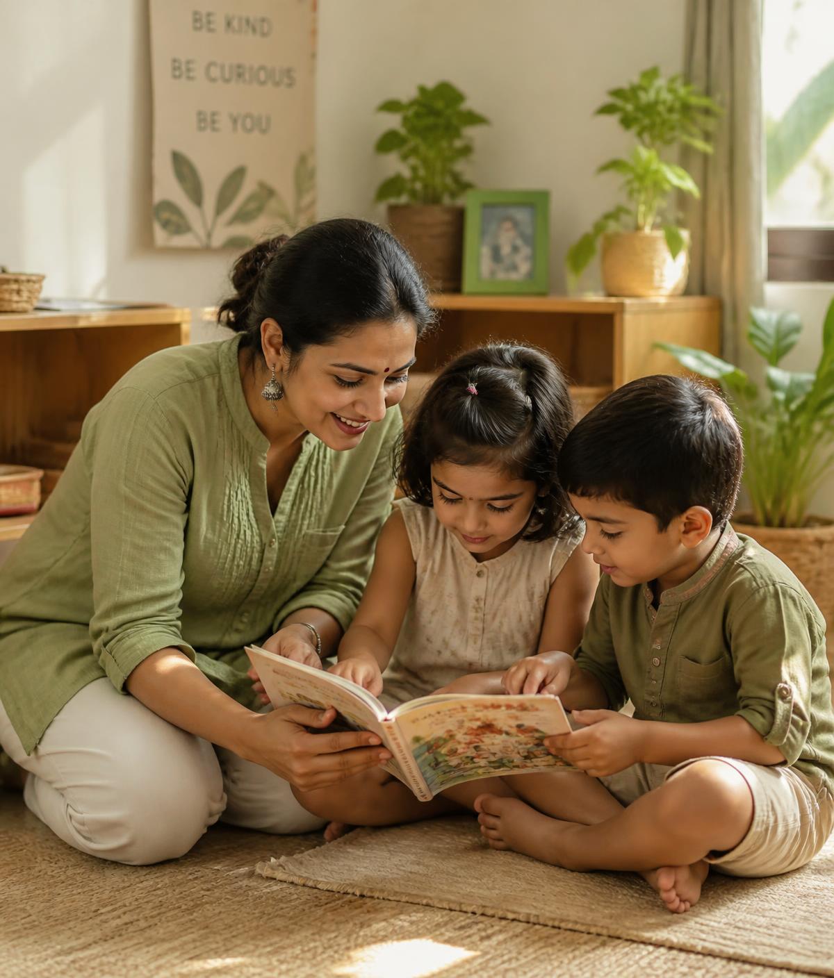 An EduKids teacher reading a picture book with two young children