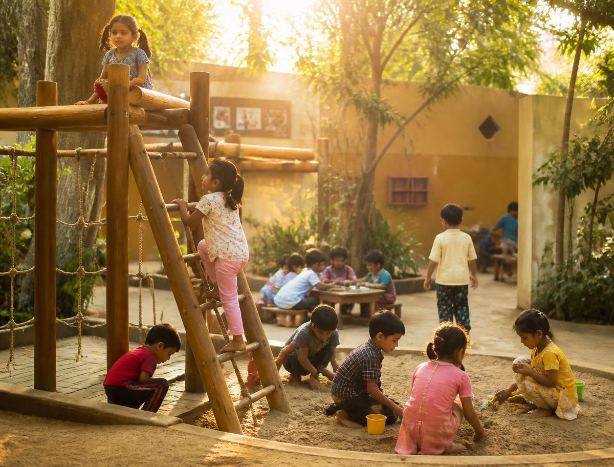 Children climbing and playing in the shaded outdoor play area
