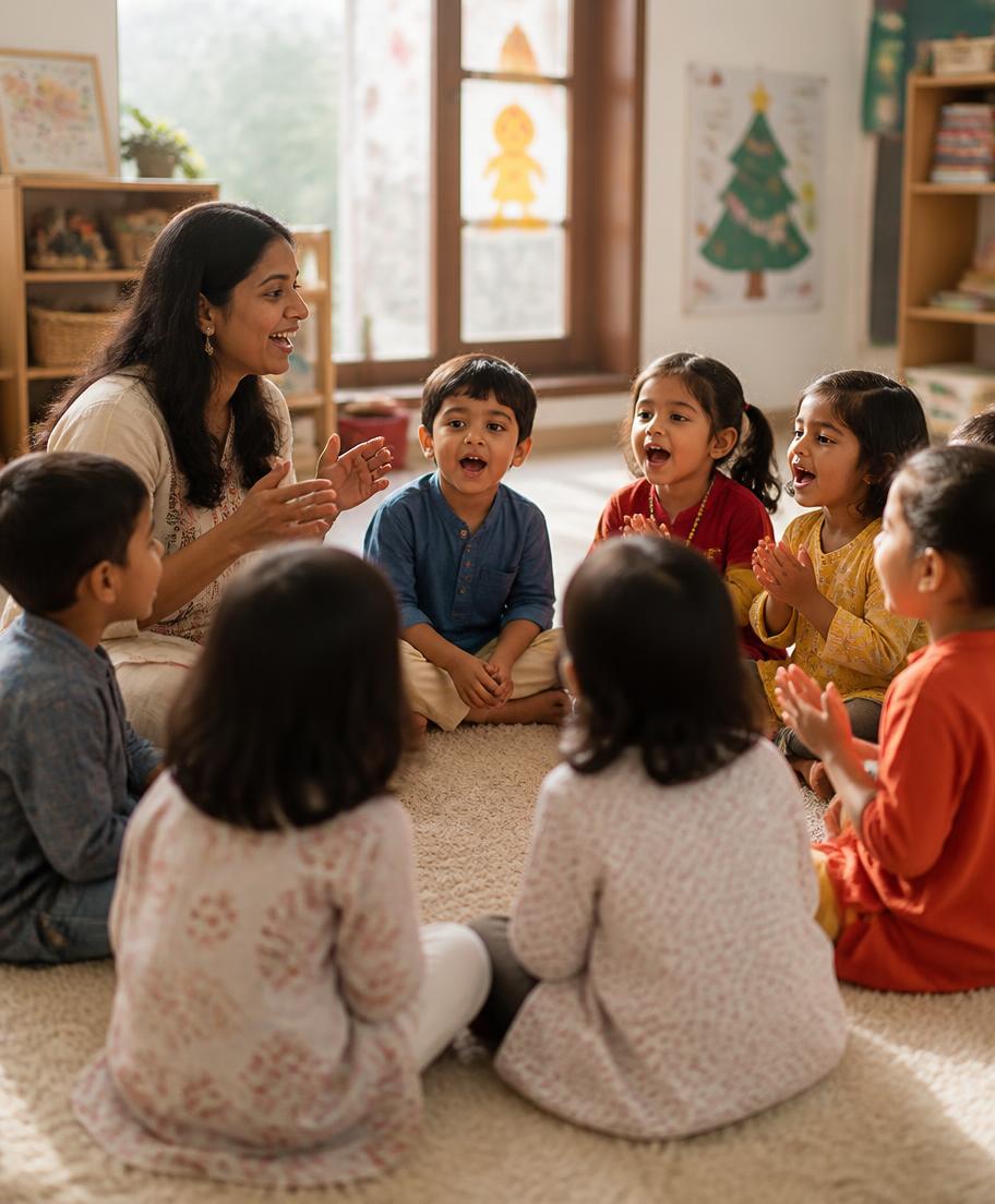A teacher leading a singing circle with children on a rug