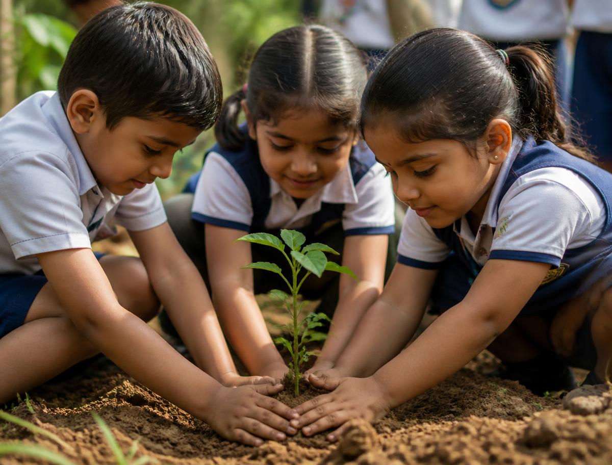 Children planting a seedling together in the school garden