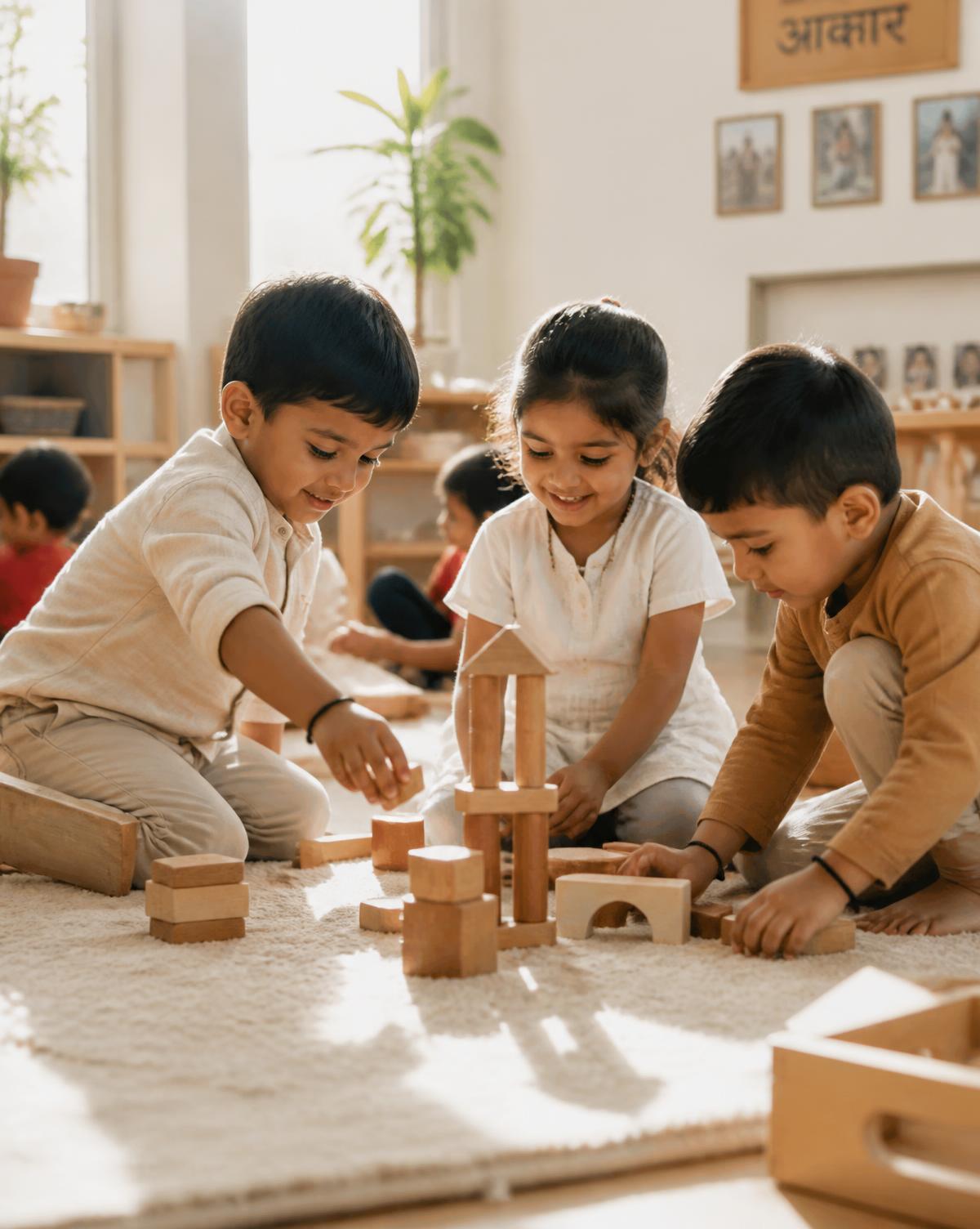 Preschool children building with wooden blocks in a sunlit EduKids classroom