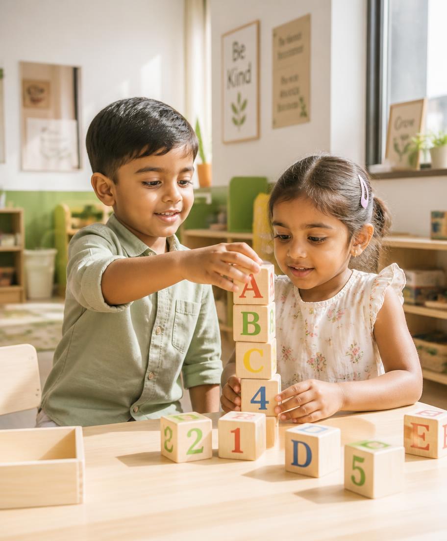 Two children stacking wooden alphabet and number blocks