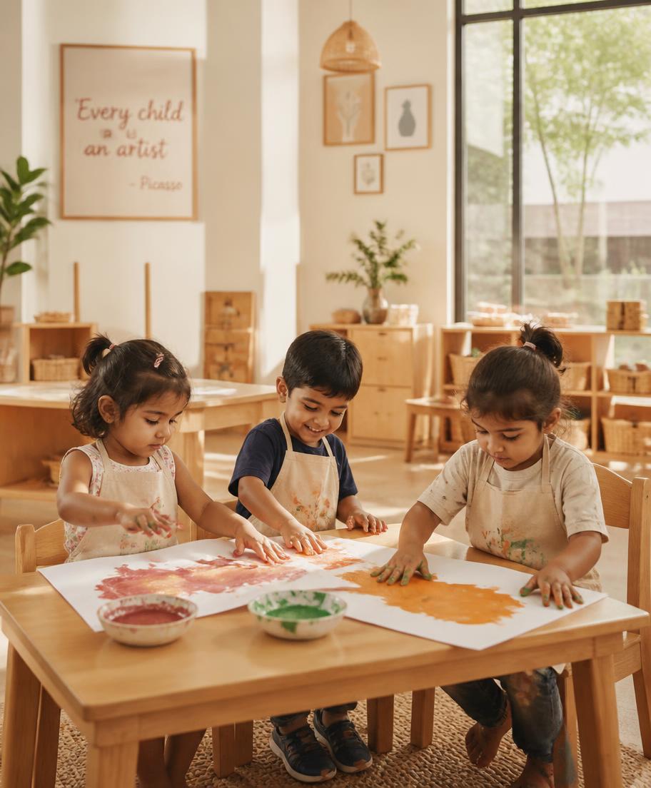 Three young children finger painting at a wooden table