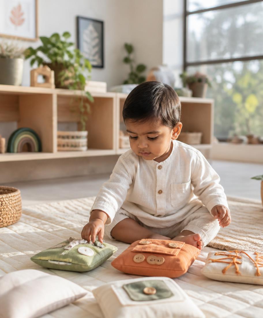 A toddler exploring soft sensory toys on a cream mat