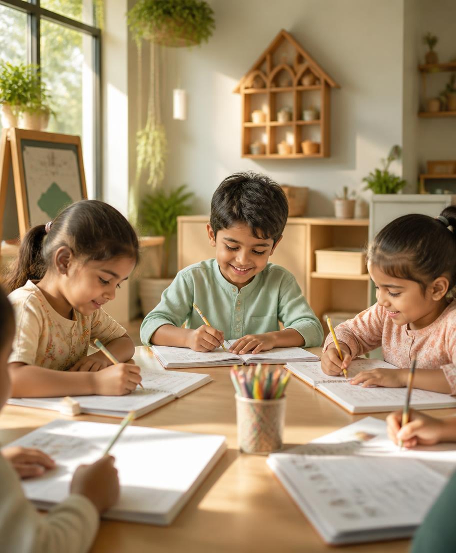 Children writing in notebooks at a bright classroom table